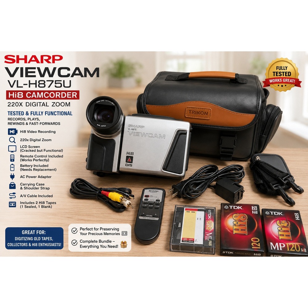 Sharp Viewcam VL-H875U Hi8 Camcorder 220x Digital Zoom Bundle with Case Tapes